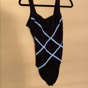 Black with blue stripes one piece swimsuit